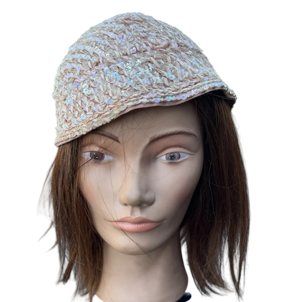 Vintage Style Pink Sequin Cloche Hat Iridescent Beaded Cocktail Skull Cap